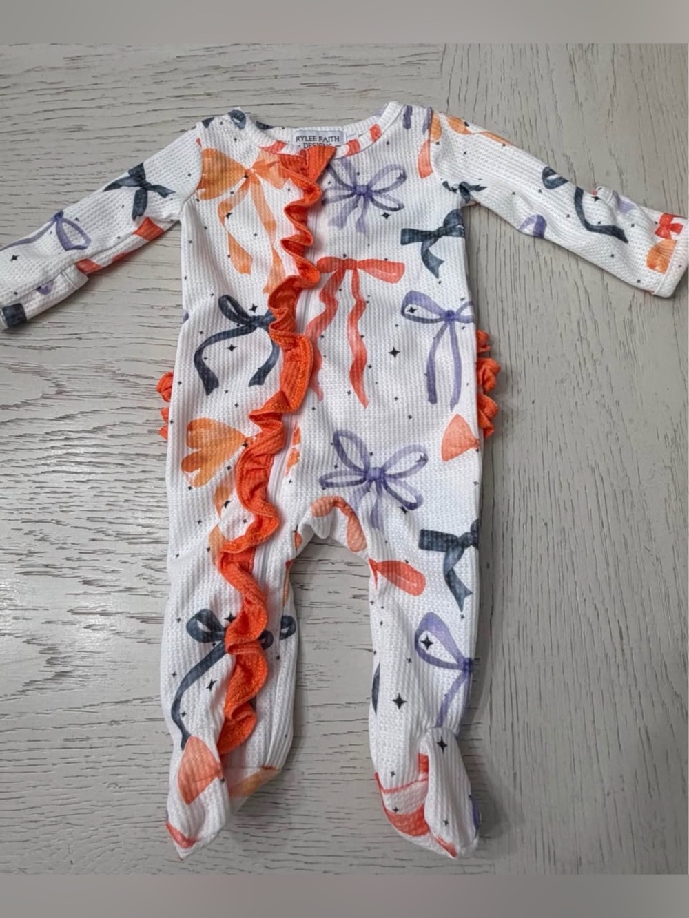 Rylee + Cru Fall White Orange Purple Navy Ruffle Bow Print Footie 3 Months